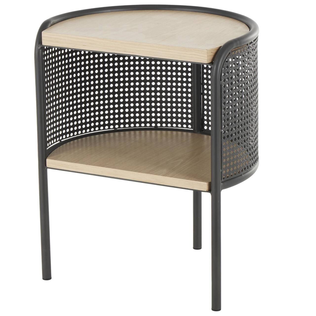 22.25" Light Brown Wooden Half-Moon Two-Toned 1-Shelf Accent Table with Mesh Back Panel